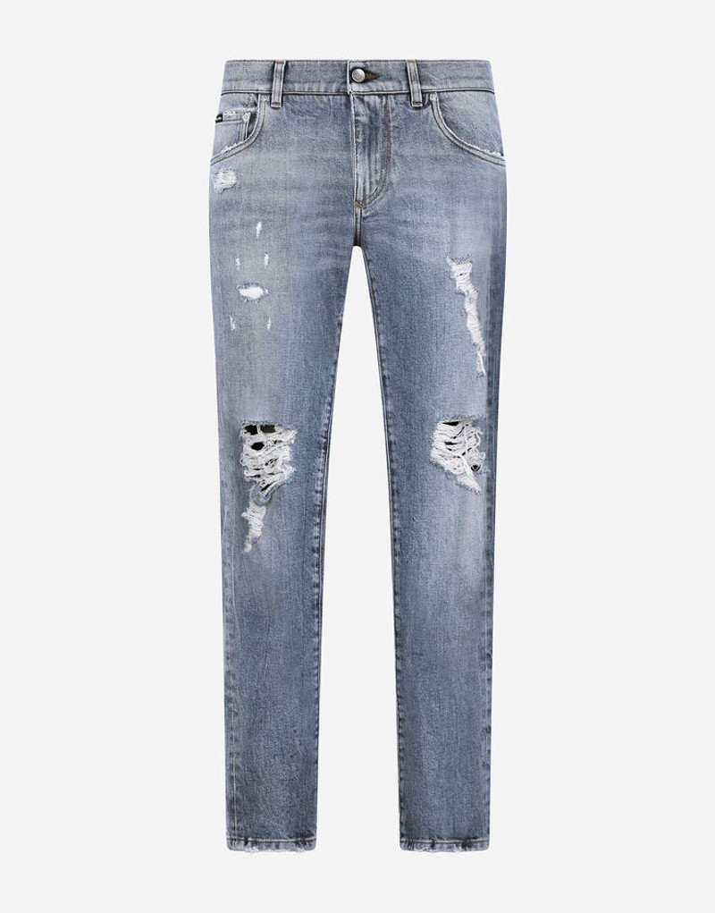 Blue wash skinny stretch jeans with rips 1