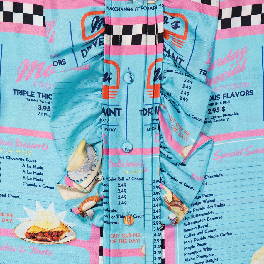Moschino All-Over Diner Menu Print Short Sleeve Silk Blouse - 7