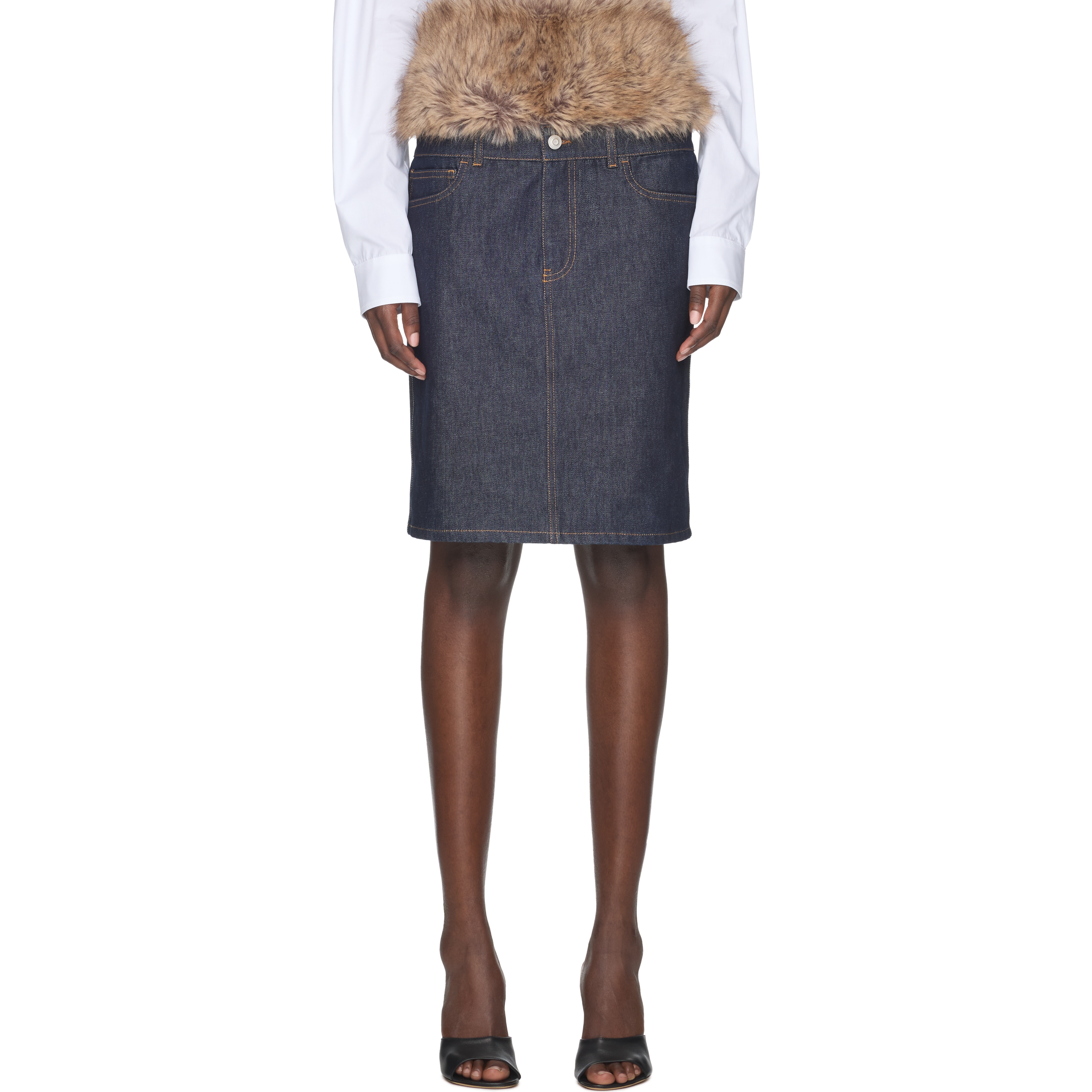 Faux Fur Hybrid Denim Midi Skirt - 1