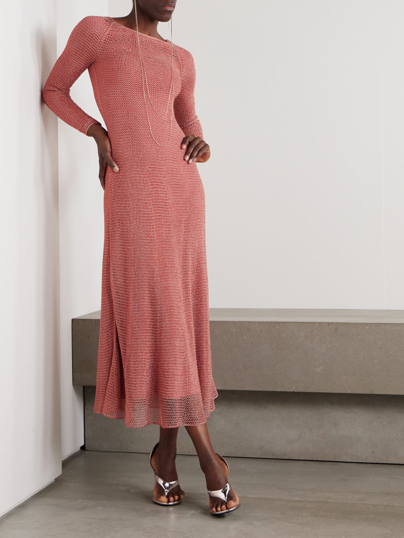 Metallic open-knit midi dress Pink - 2
