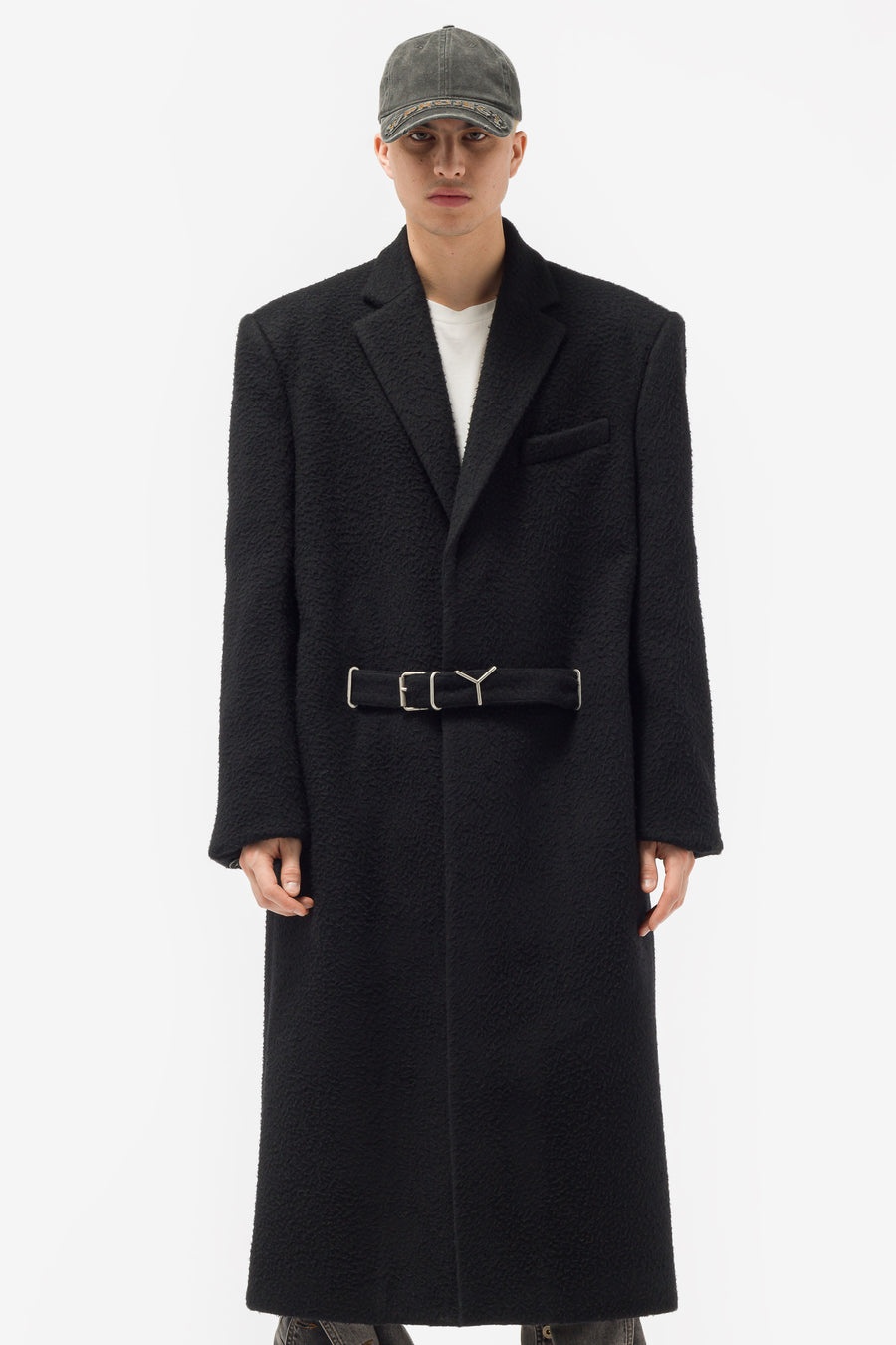 Y/Project Y Belt Brushed Wool Coat in Black | notreshop