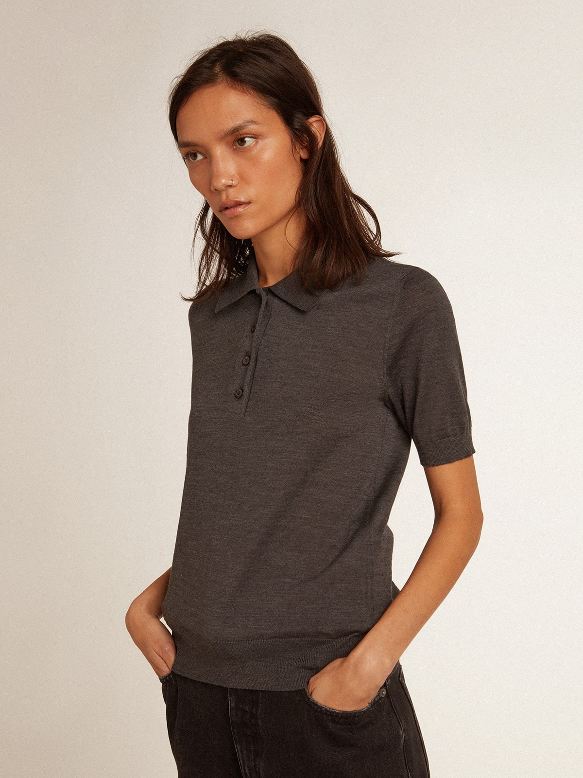 Women’s polo shirt in anthracite merino wool - 5