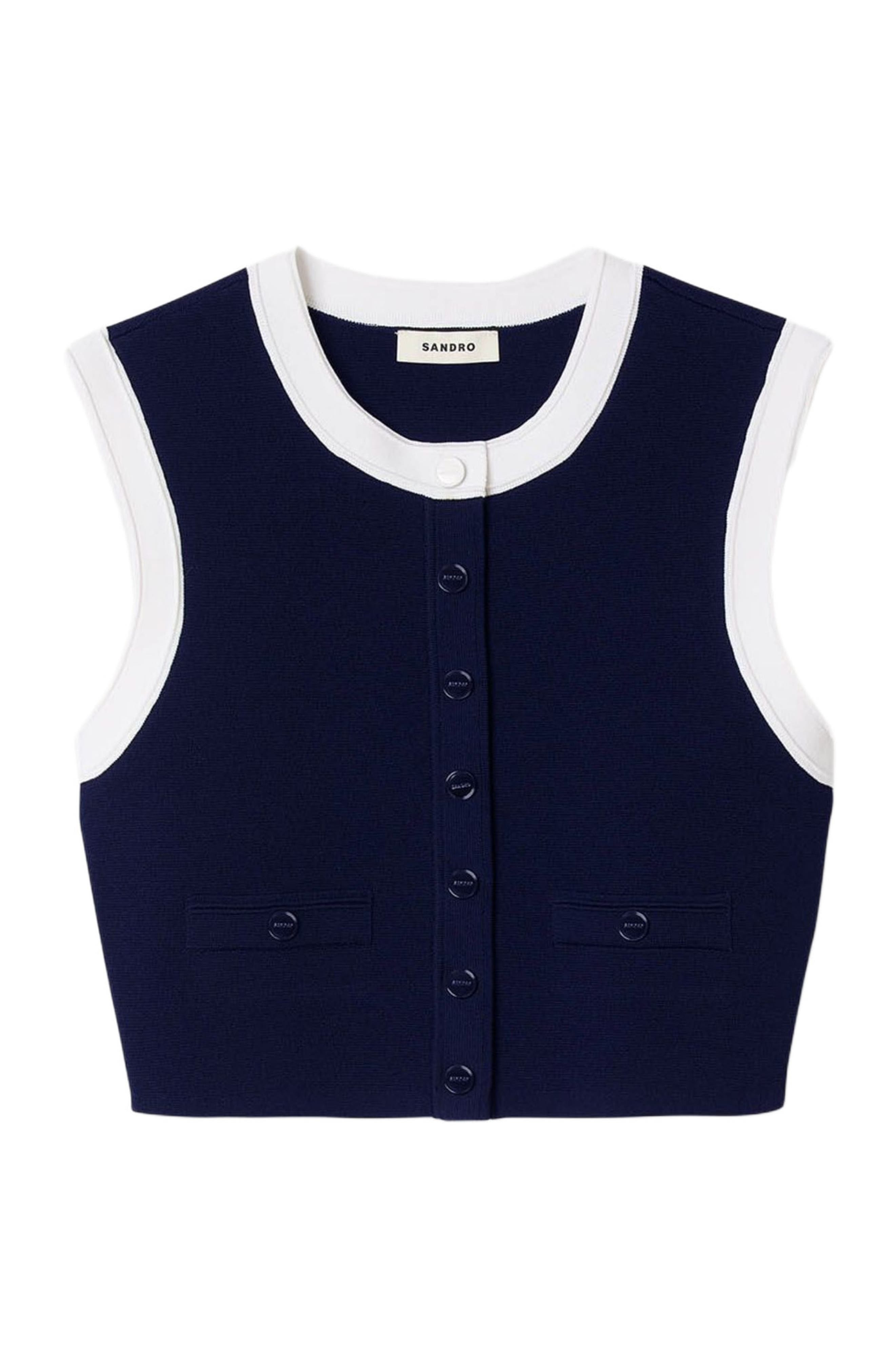 SANDRO Two-tone cropped cardigan in Navy Blue at Nordstrom - 6