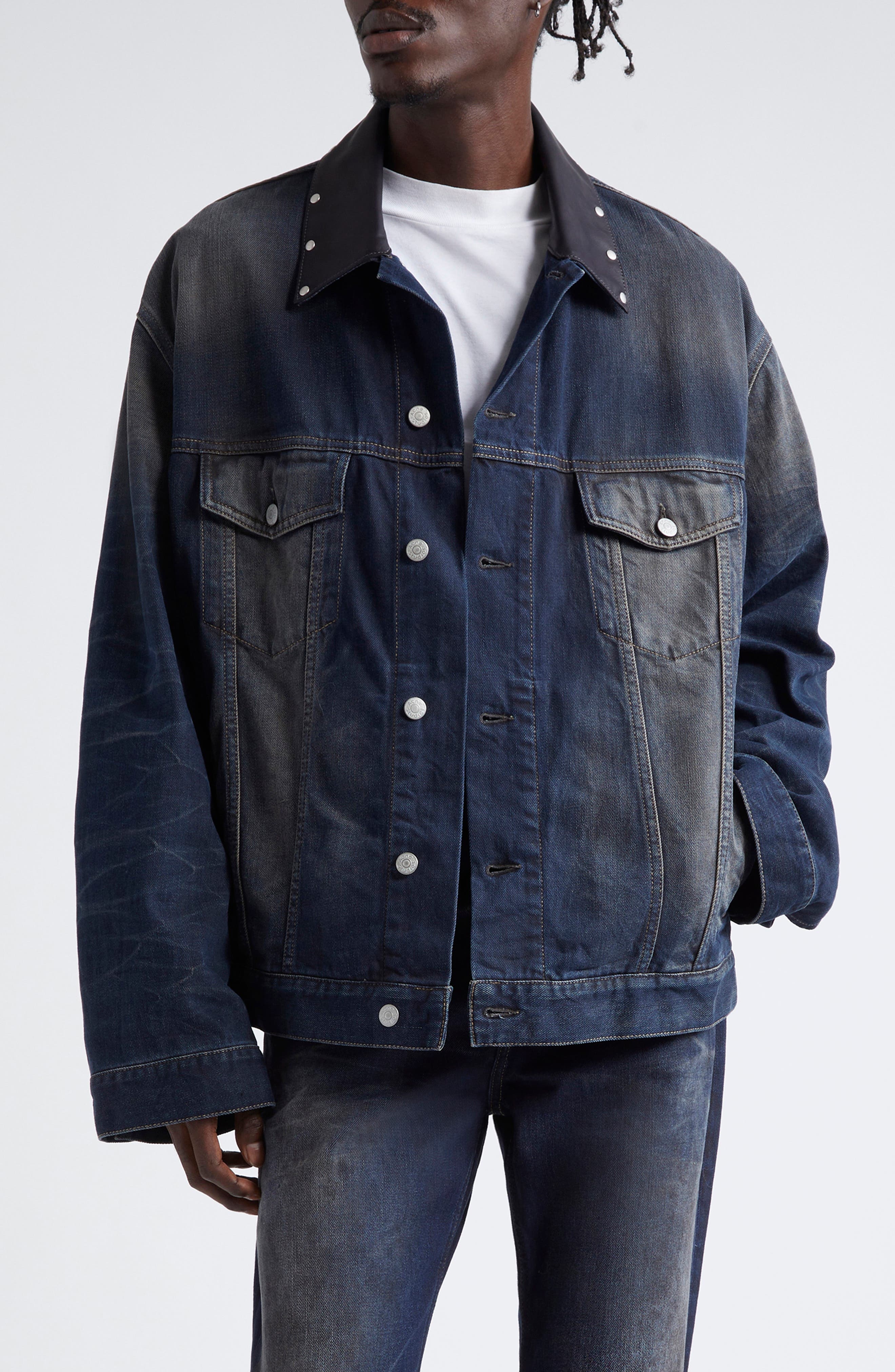 Acne Studios Leather Collar Oversize Denim Jacket in Dark Blue at Nordstrom - 1