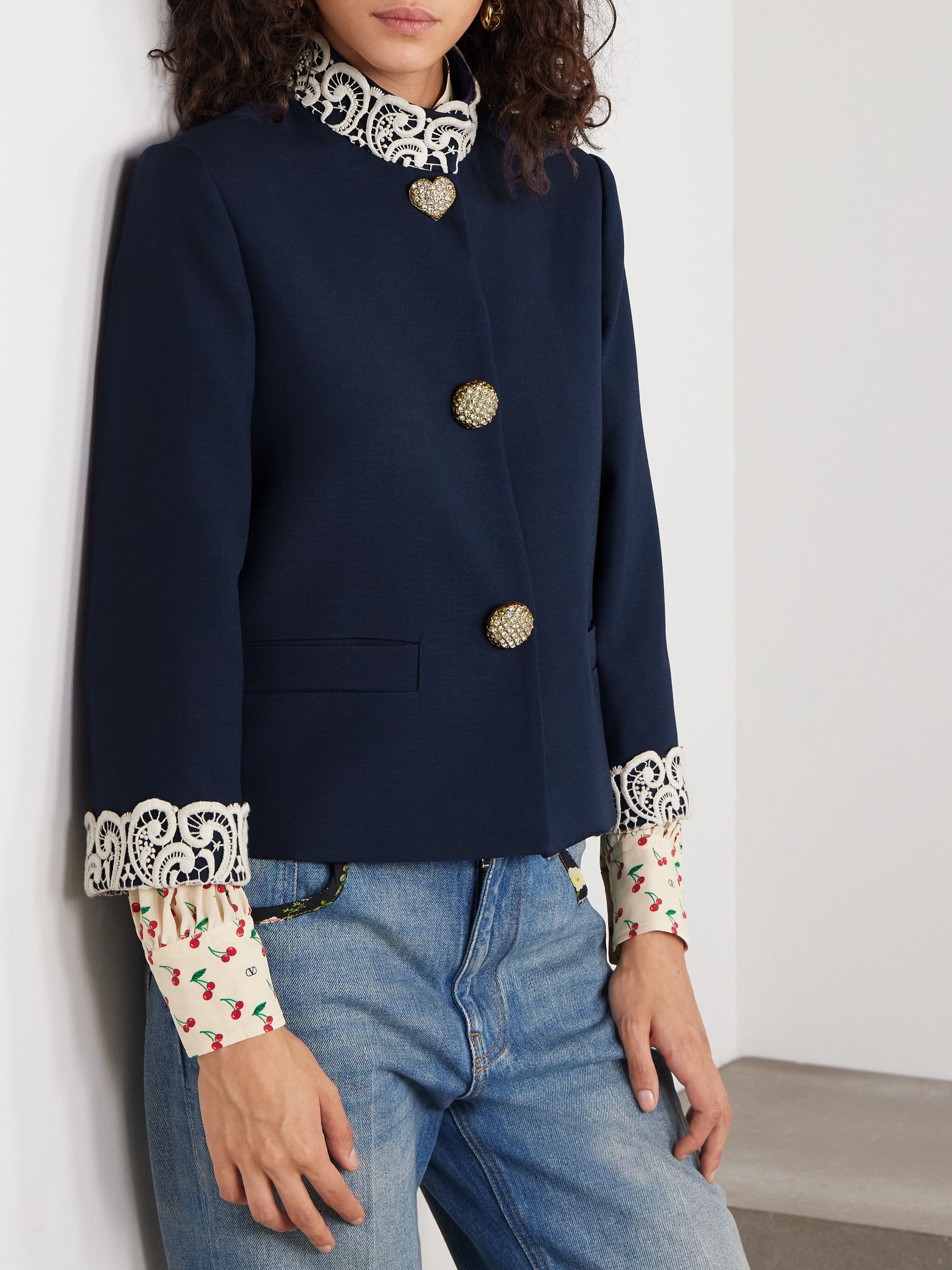 Guipure lace-trimmed wool and silk-blend twill jacket Navy - 3
