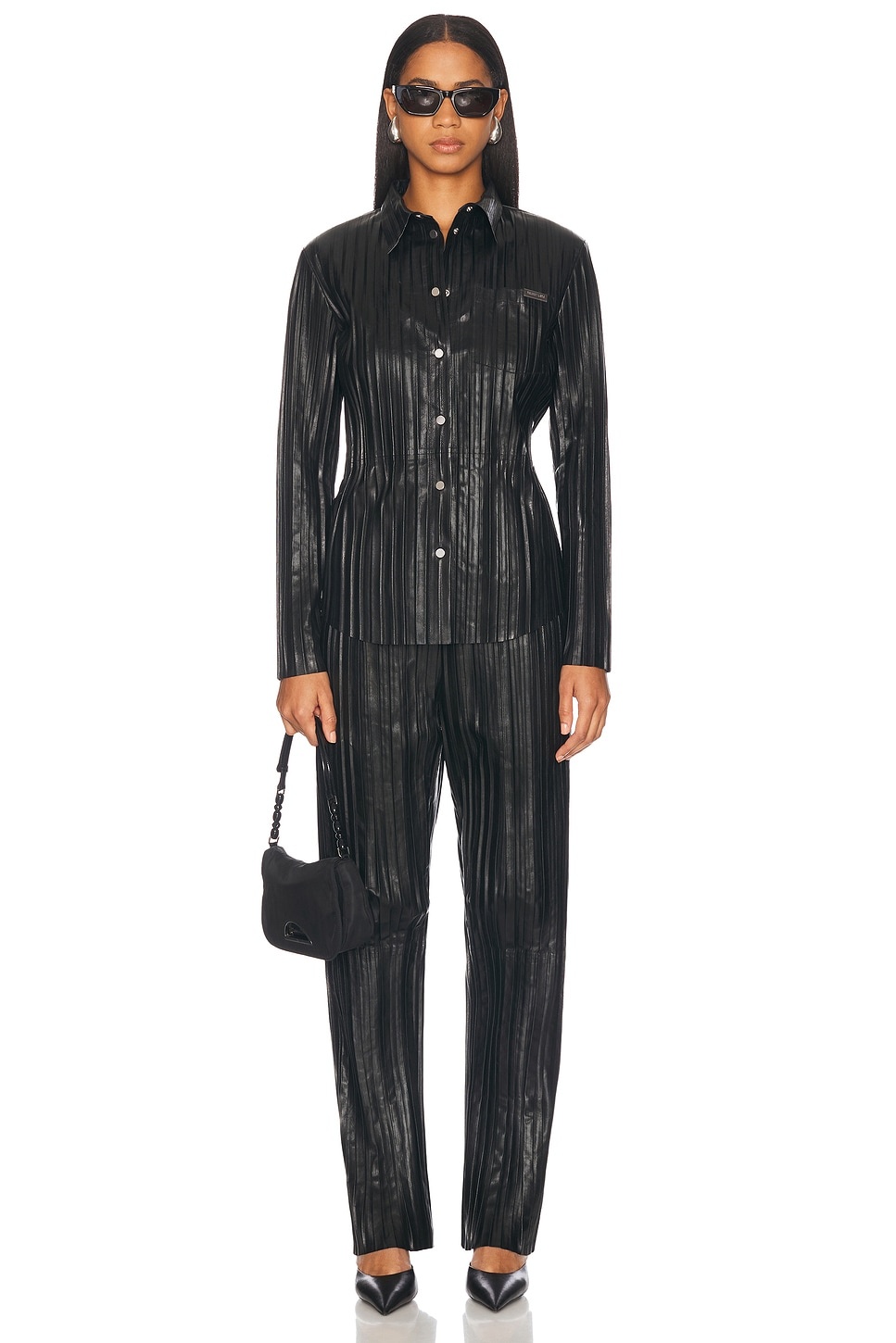 Pleated Leather Button Up Top - 4