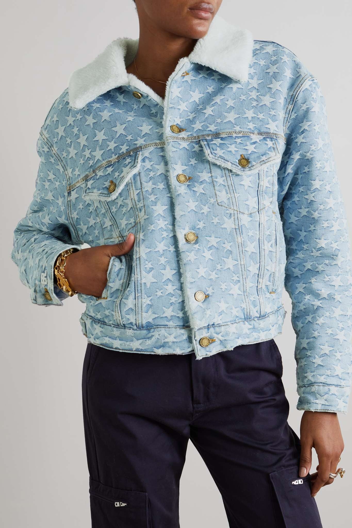 Fleece-trimmed denim-jacquard jacket - 3