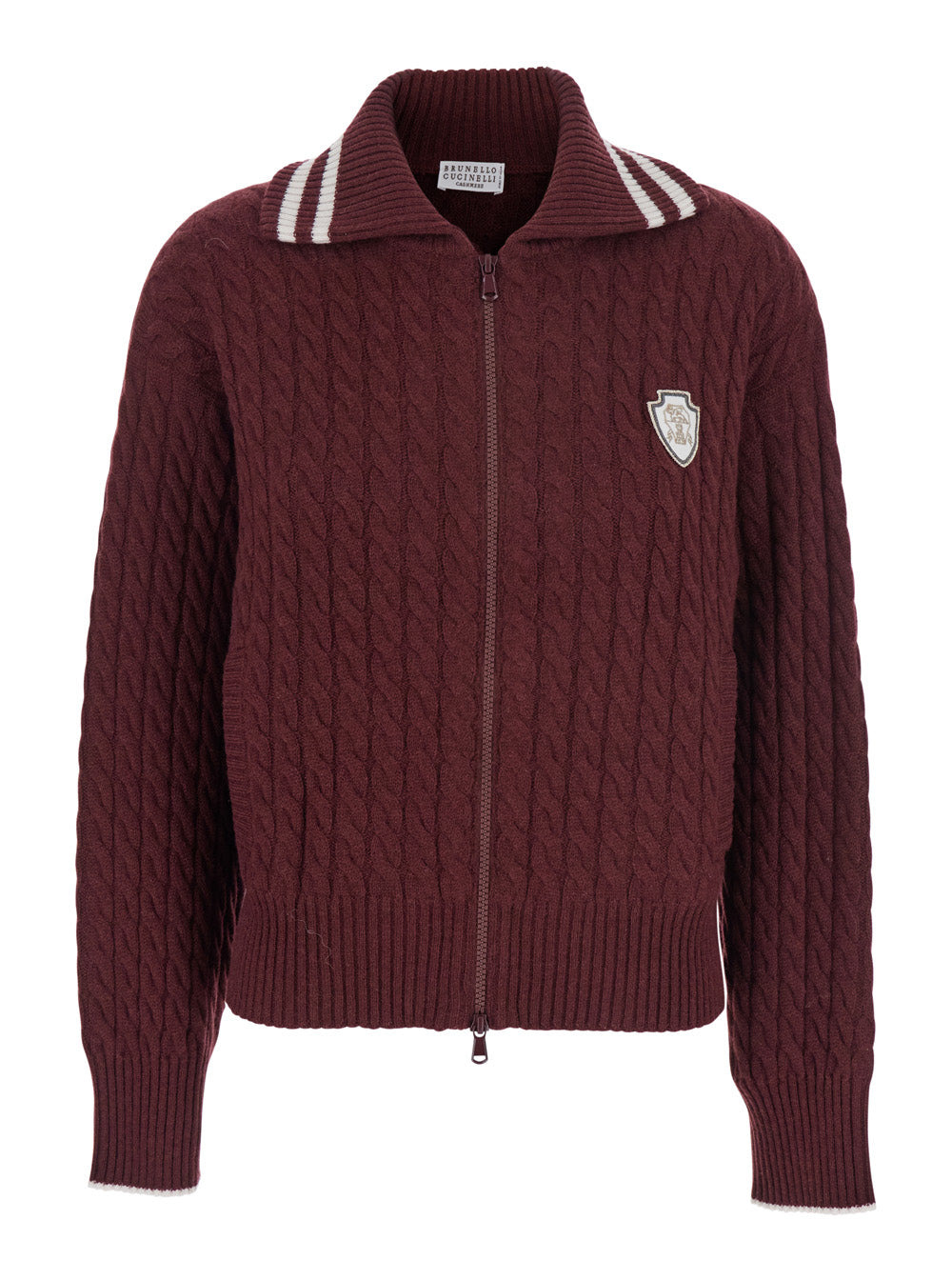 Brunello Cucinelli Women Red Cardigan With Bicolor Collar And Logo Patch On The Front In Cashmere Wo - 1