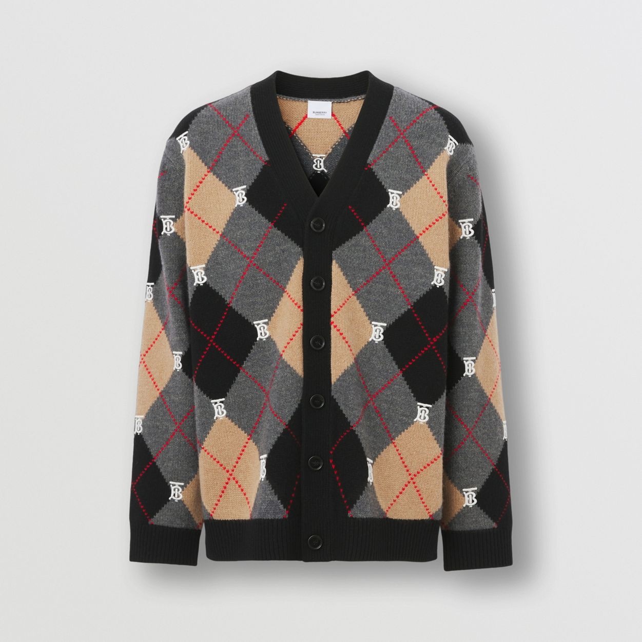 Monogram Motif Argyle Intarsia Wool Cashmere Cardigan - 1