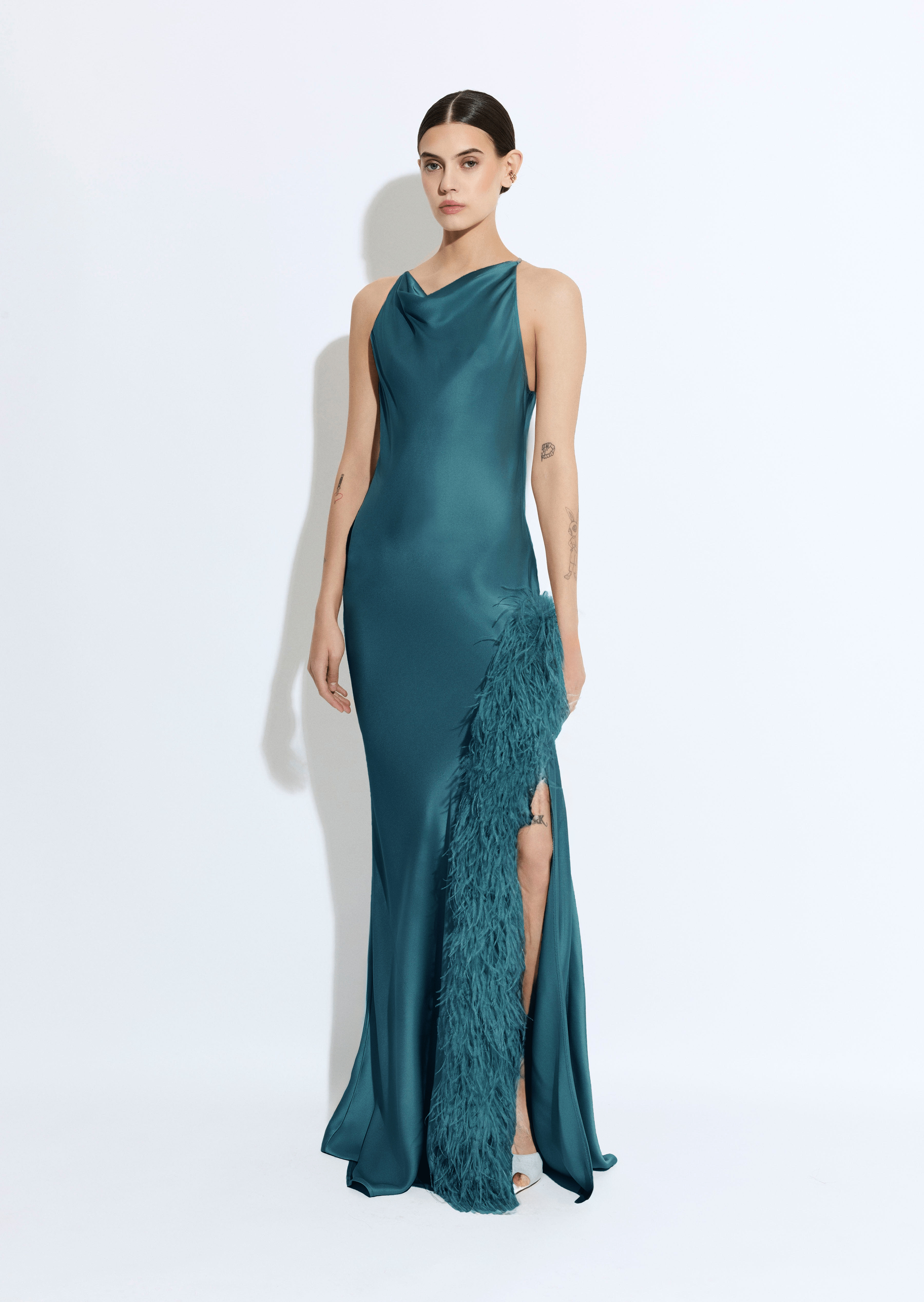 Satin Halter Gown With Feathers - 2