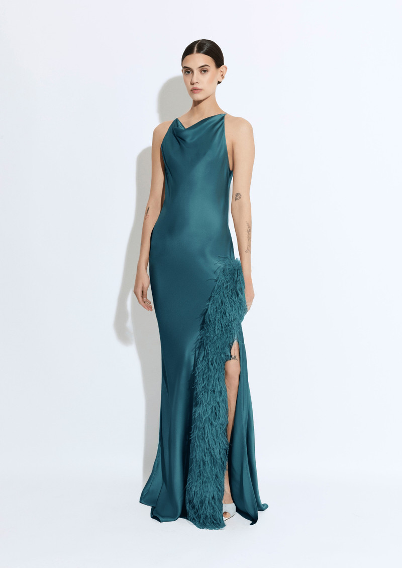 LAPOINTE Satin Halter Gown With Feathers outlook