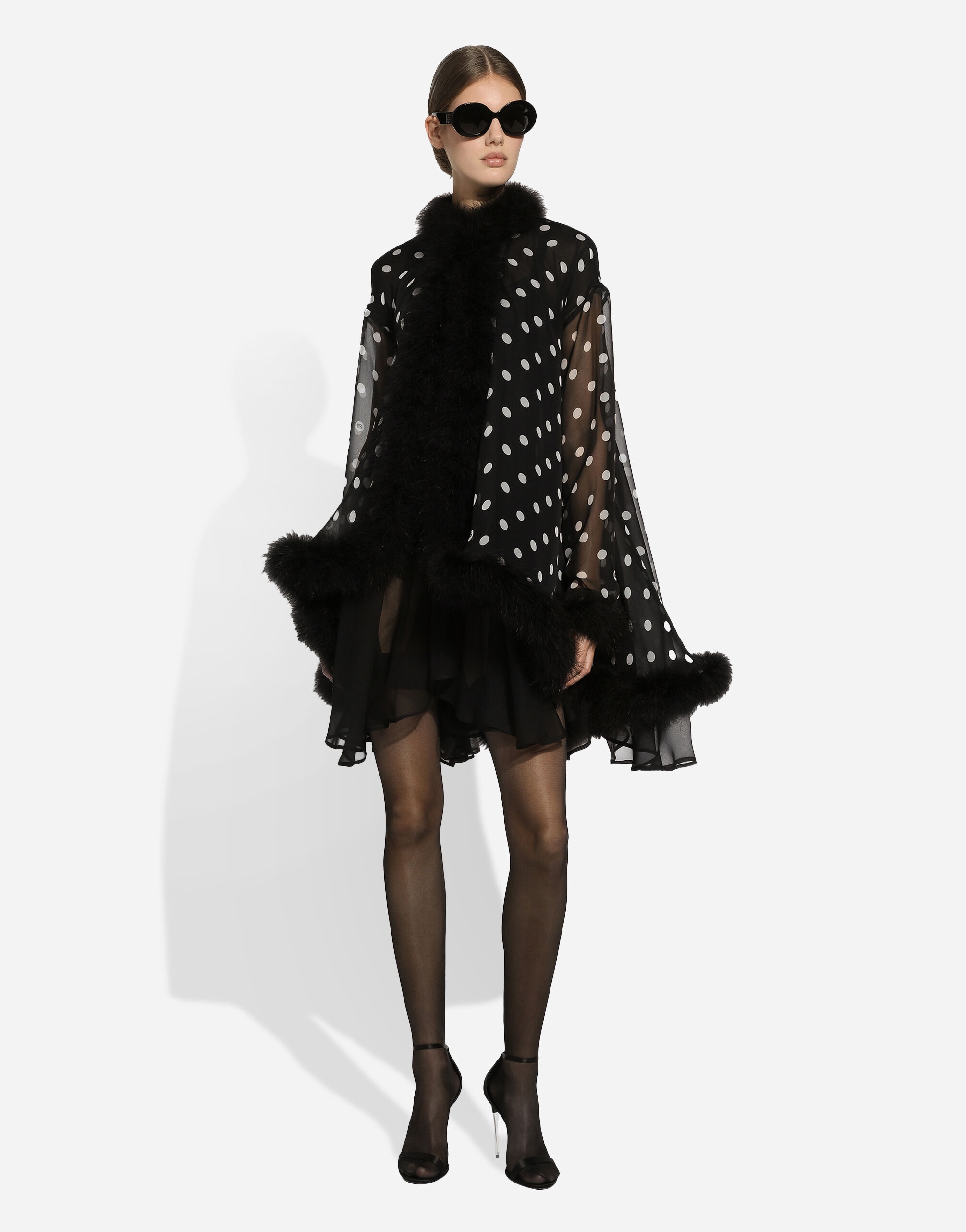 Chiffon cape with polka-dot print and marabou trim - 5