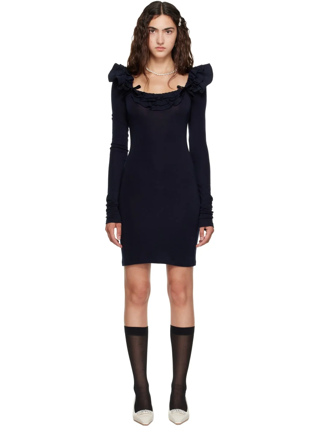 Navy Lace Trim Stretch Fitted Minidress - 1