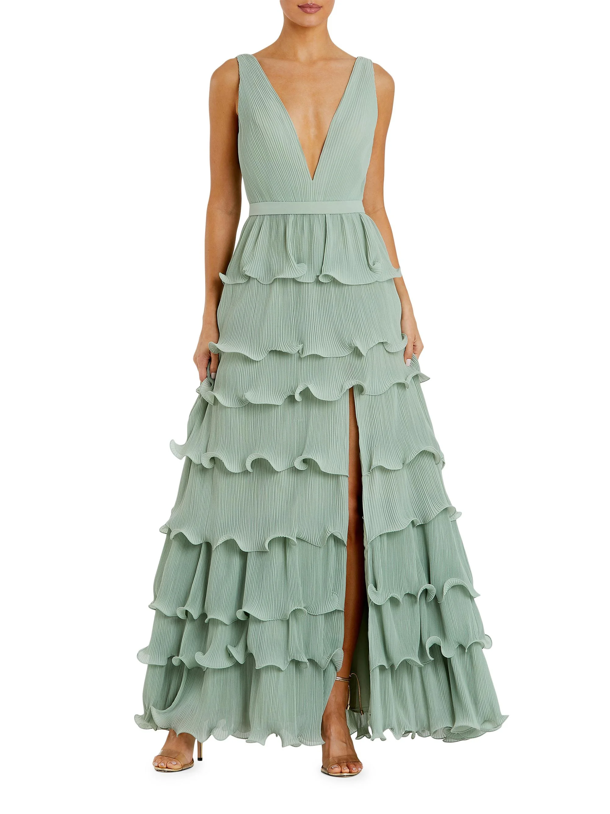Women's Ruffled V-Neck Tiered Maxi Dress - Sage - 1