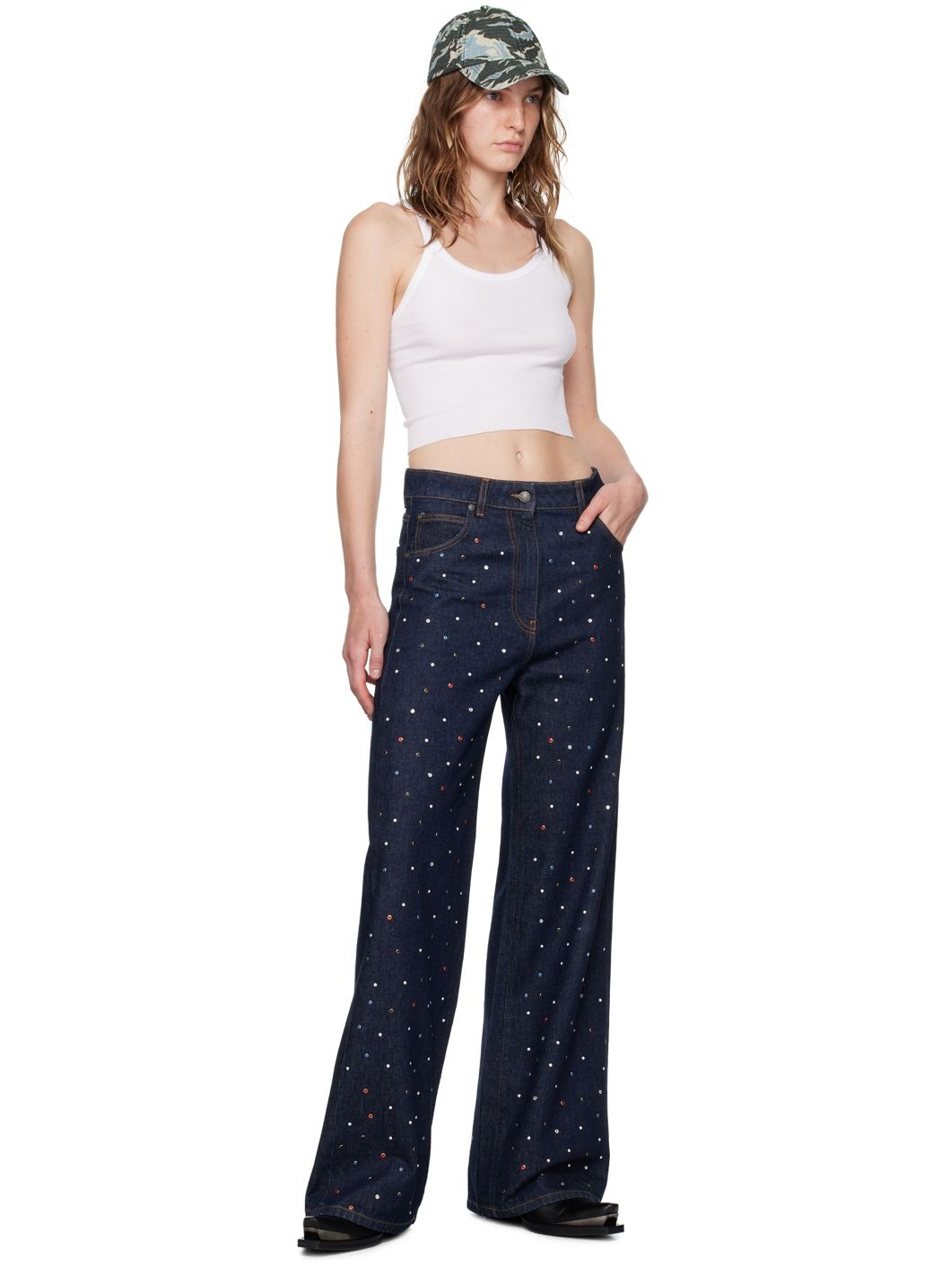 MSGM Wide-leg dark blue denim pants with studs | REVERSIBLE