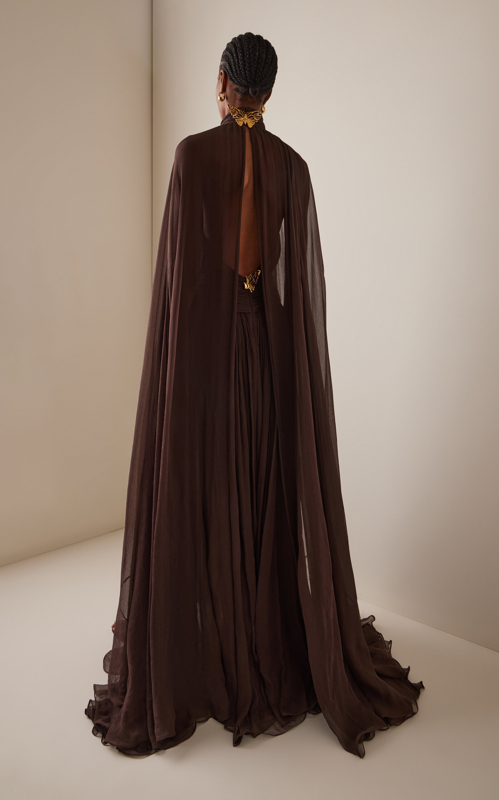 Crinkled Silk Chiffon Caftan brown - 4