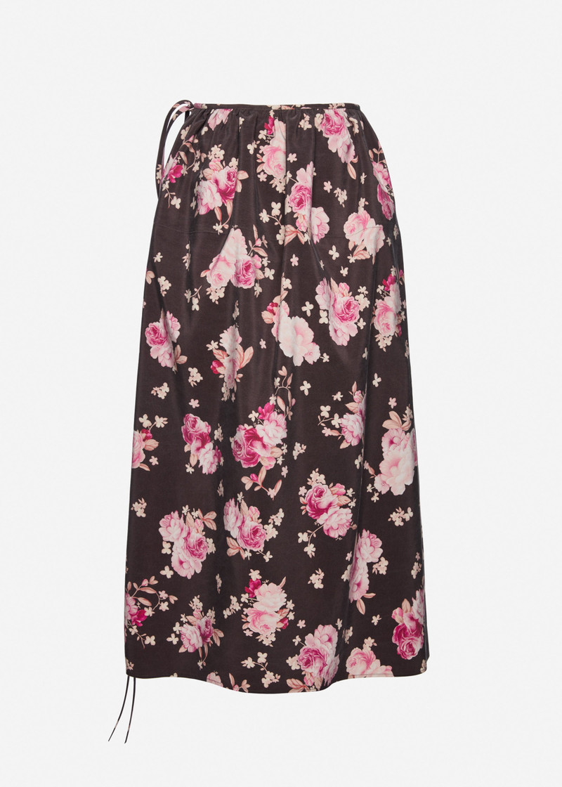 Floral silk wrap skirt in brown 2