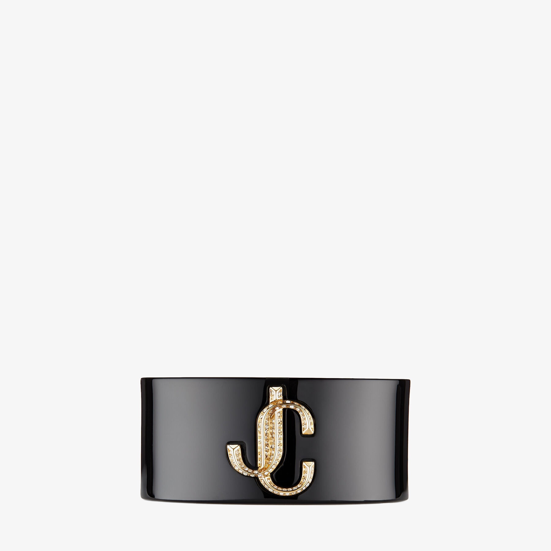 JC Cuff
Black Acrylic Cuff Bracelet with Gold-Finish Metal and Crystal JC Emblem - 3