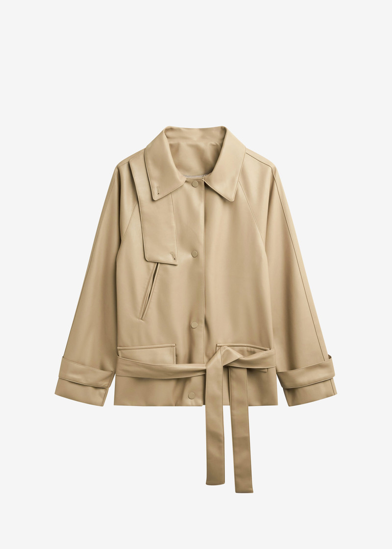 Viran Faux Leather Belted Jacket - Beige 1