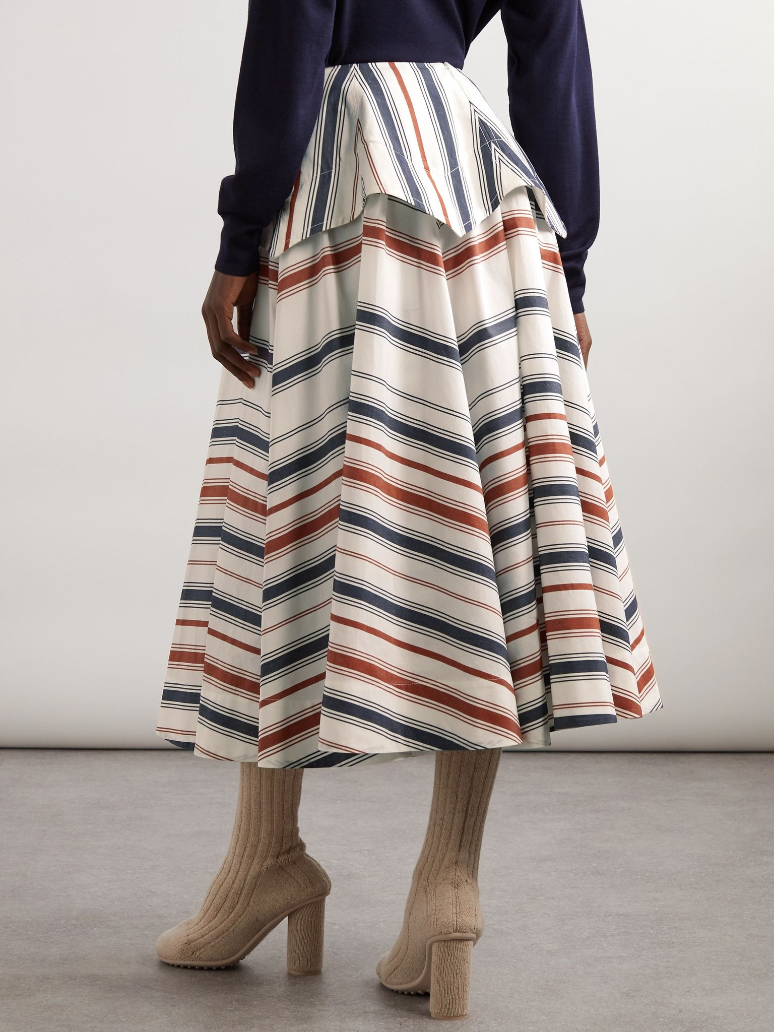 Striped cotton and linen-blend midi skirt Navy - 3