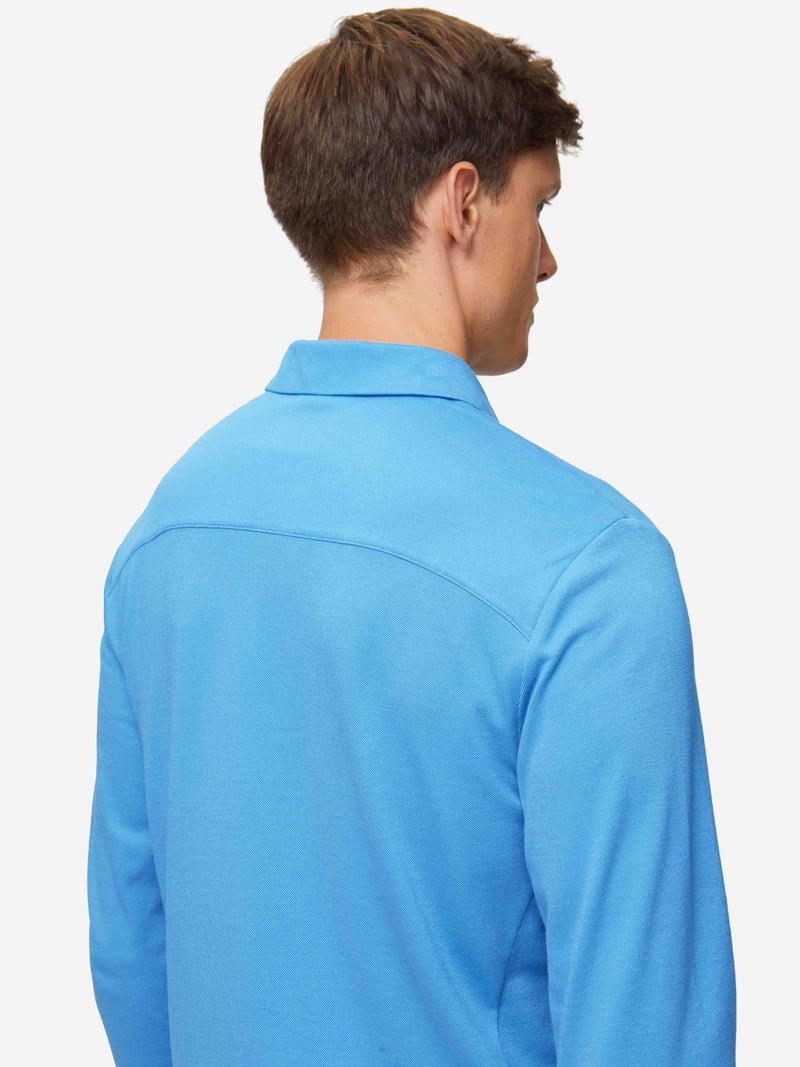 Men's Long Sleeve Polo Shirt Ramsay 4 Pique Cotton Tencel Blue - 6