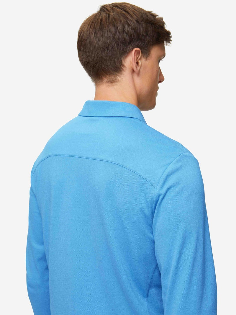Men's Long Sleeve Polo Shirt Ramsay 4 Pique Cotton Tencel Blue 6