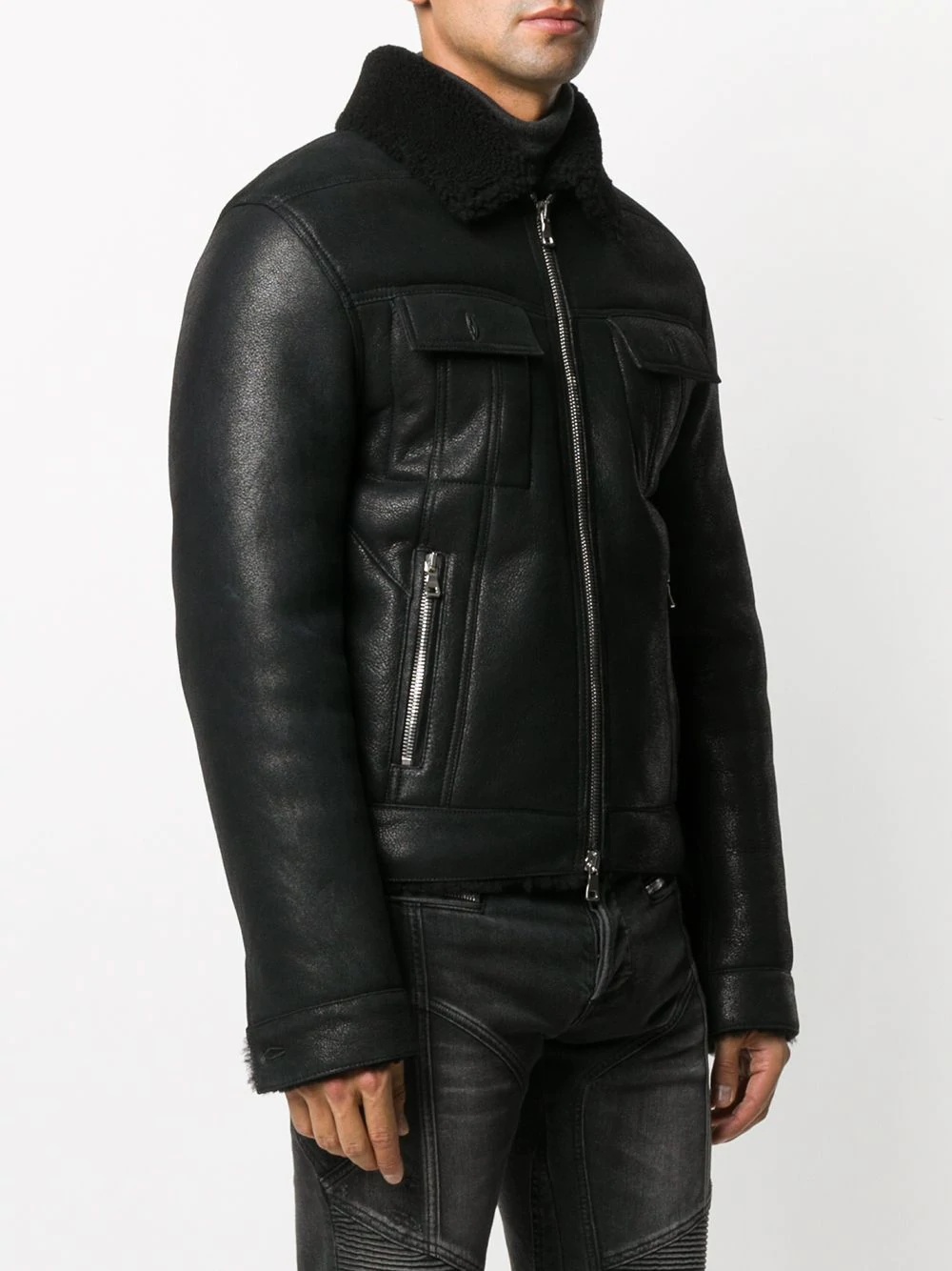 shearling-lining leather jacket - 3