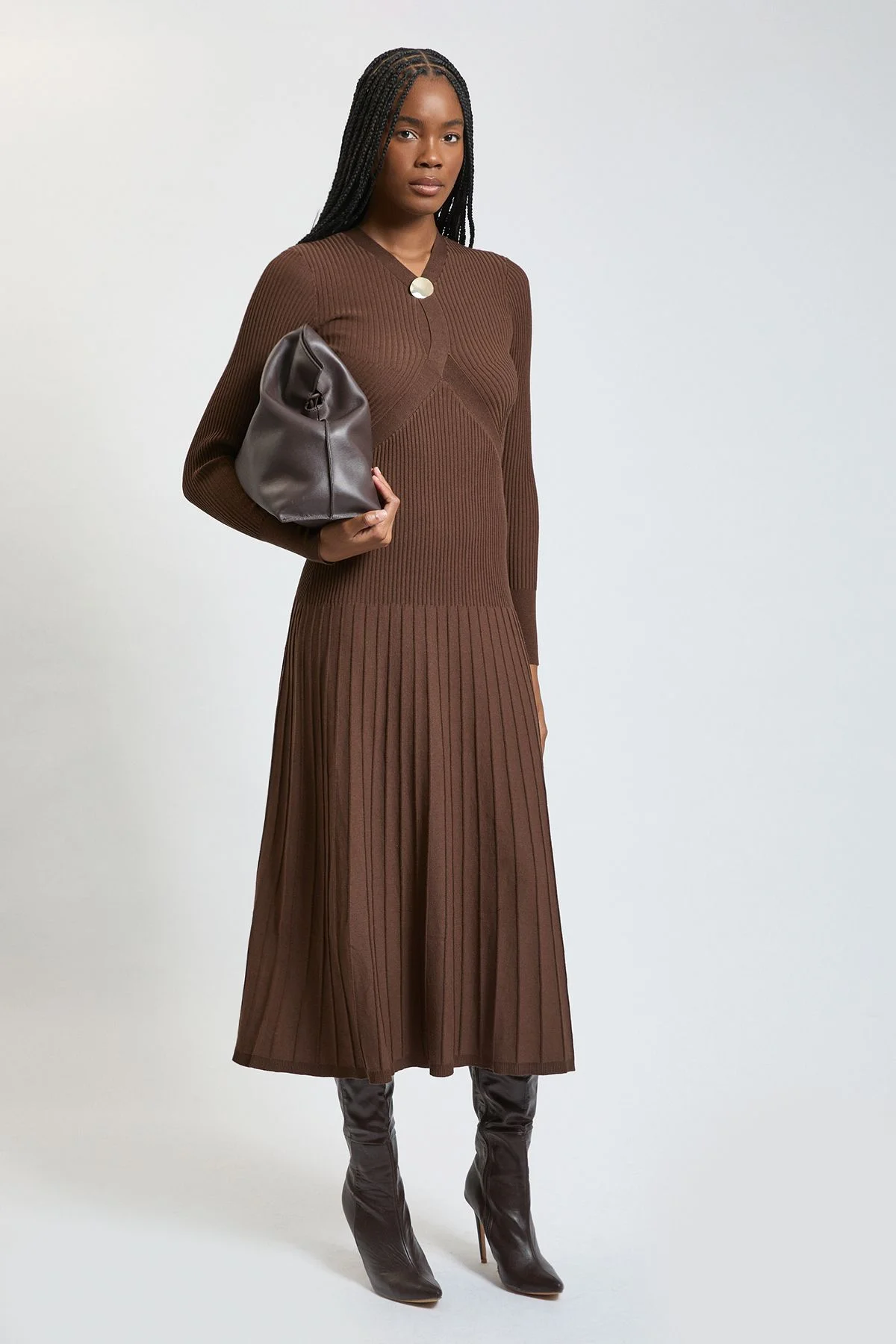 Rib Knit Trim Detail Full Skirt Midi Dress - 1