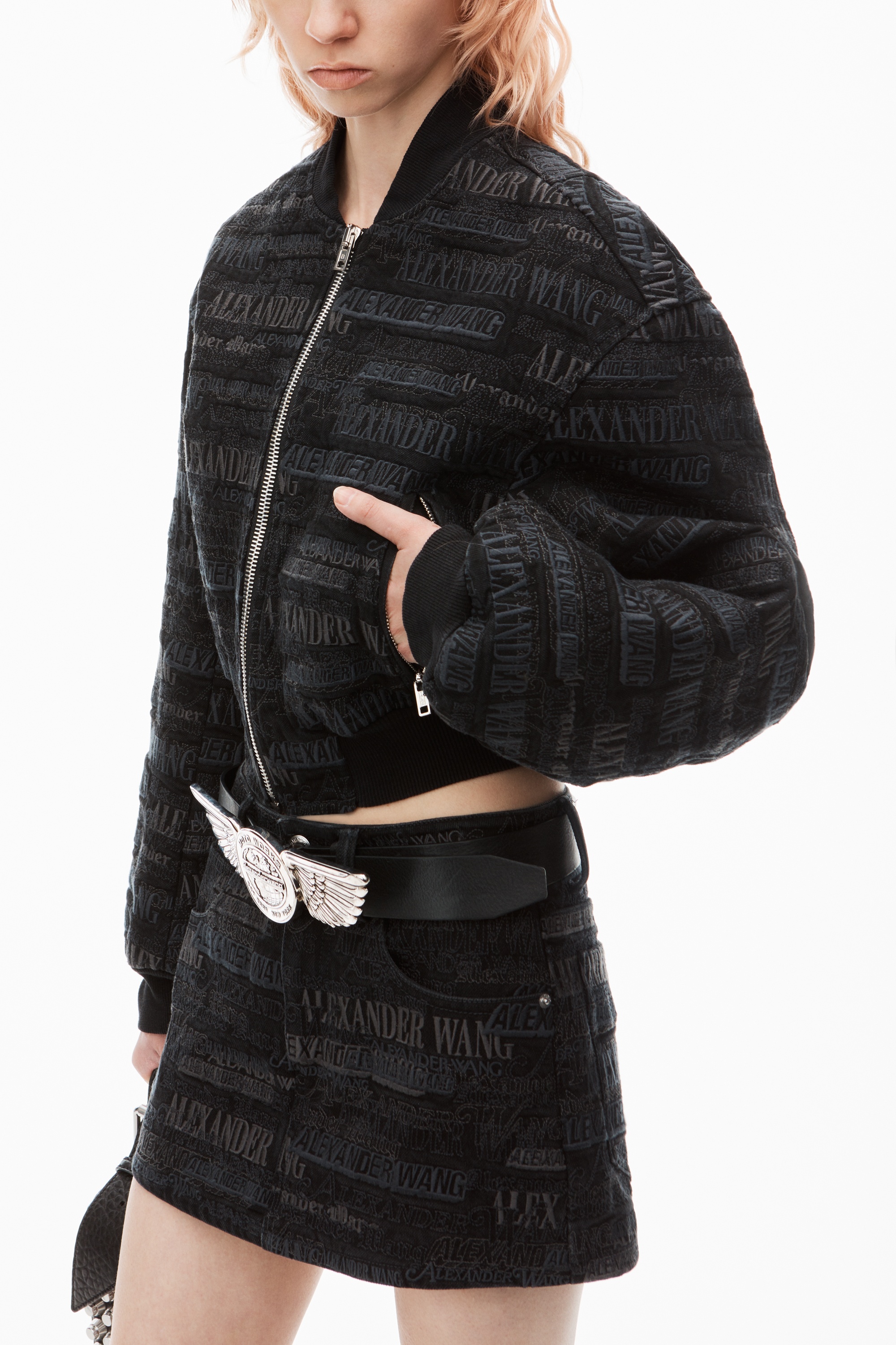 newsprint logo-embroidered bomber jacket in denim - 3