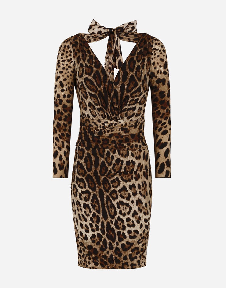 Short charmeuse dress with leopard print and tie - 1