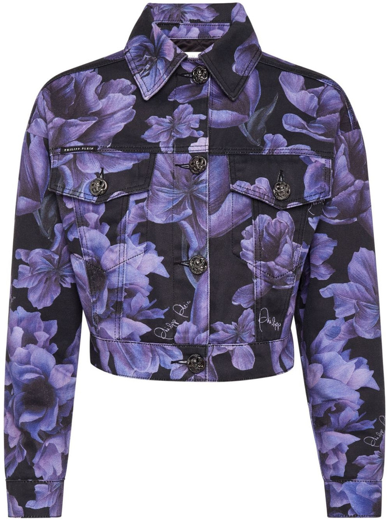 floral-print cropped denim jacket 1