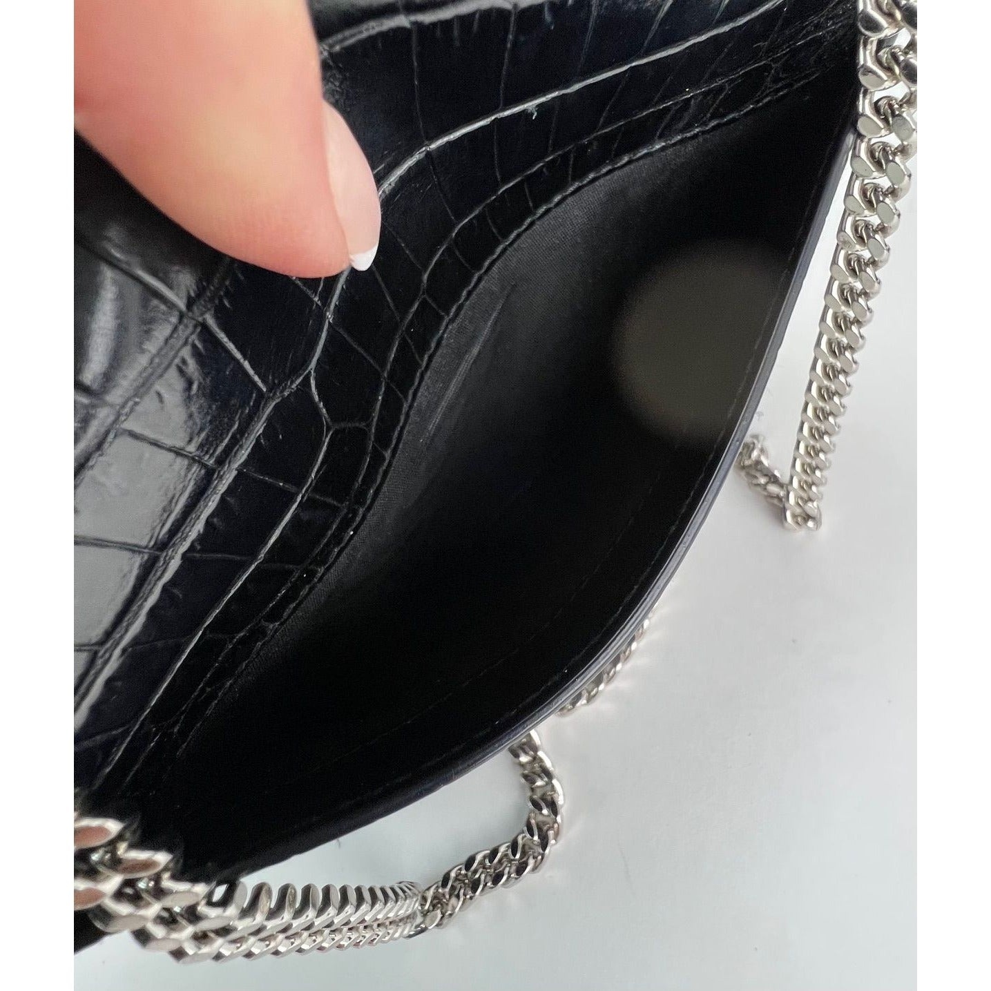 Saint Laurent Black Leather Sunset Wallet on a Chain Crocodile Embossed Bag - 29