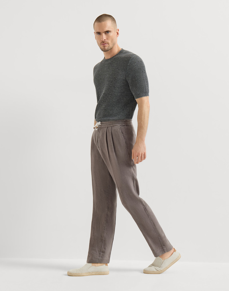 Garment-dyed trousers in linen gabardine with drawstring and double pleats 5