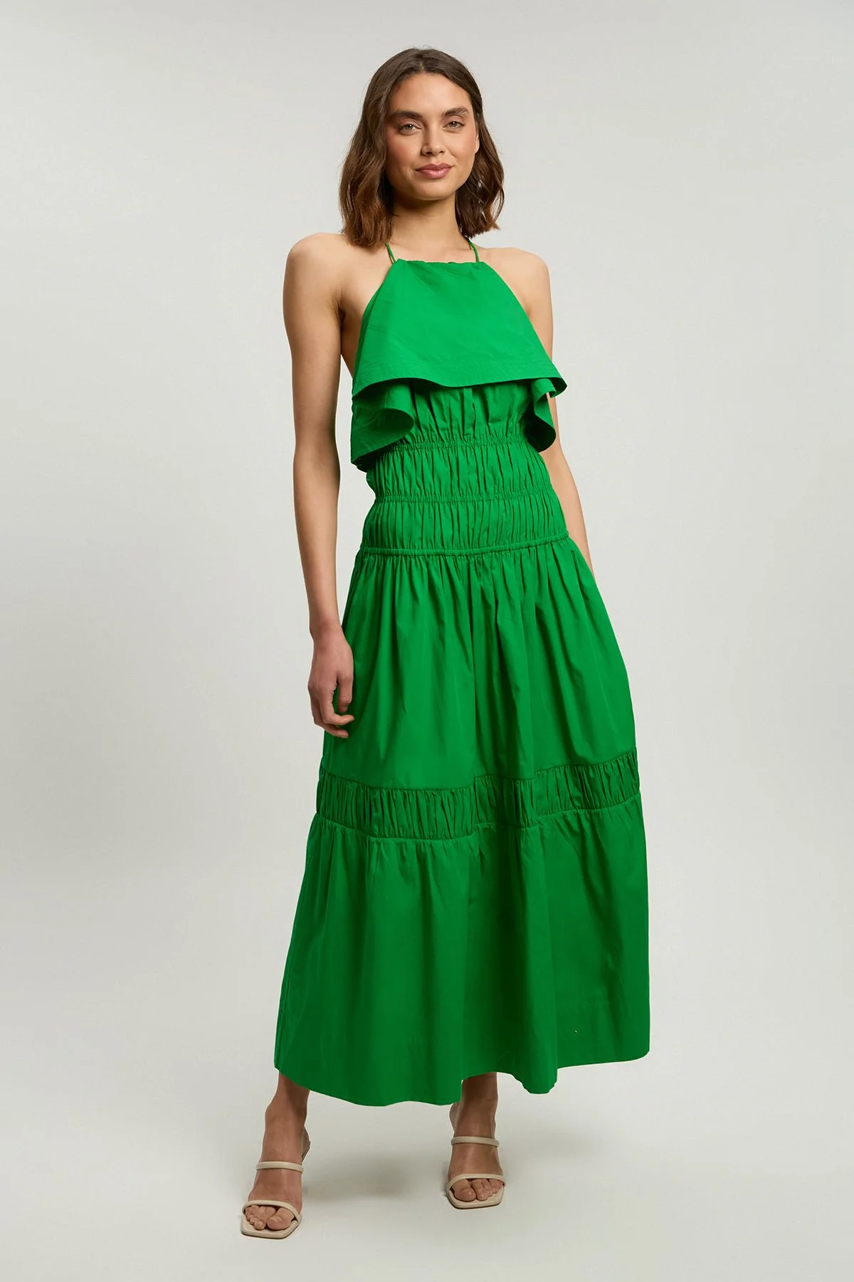 Ruffle Front Cotton Poplin Halterneck Midi Dress - 1