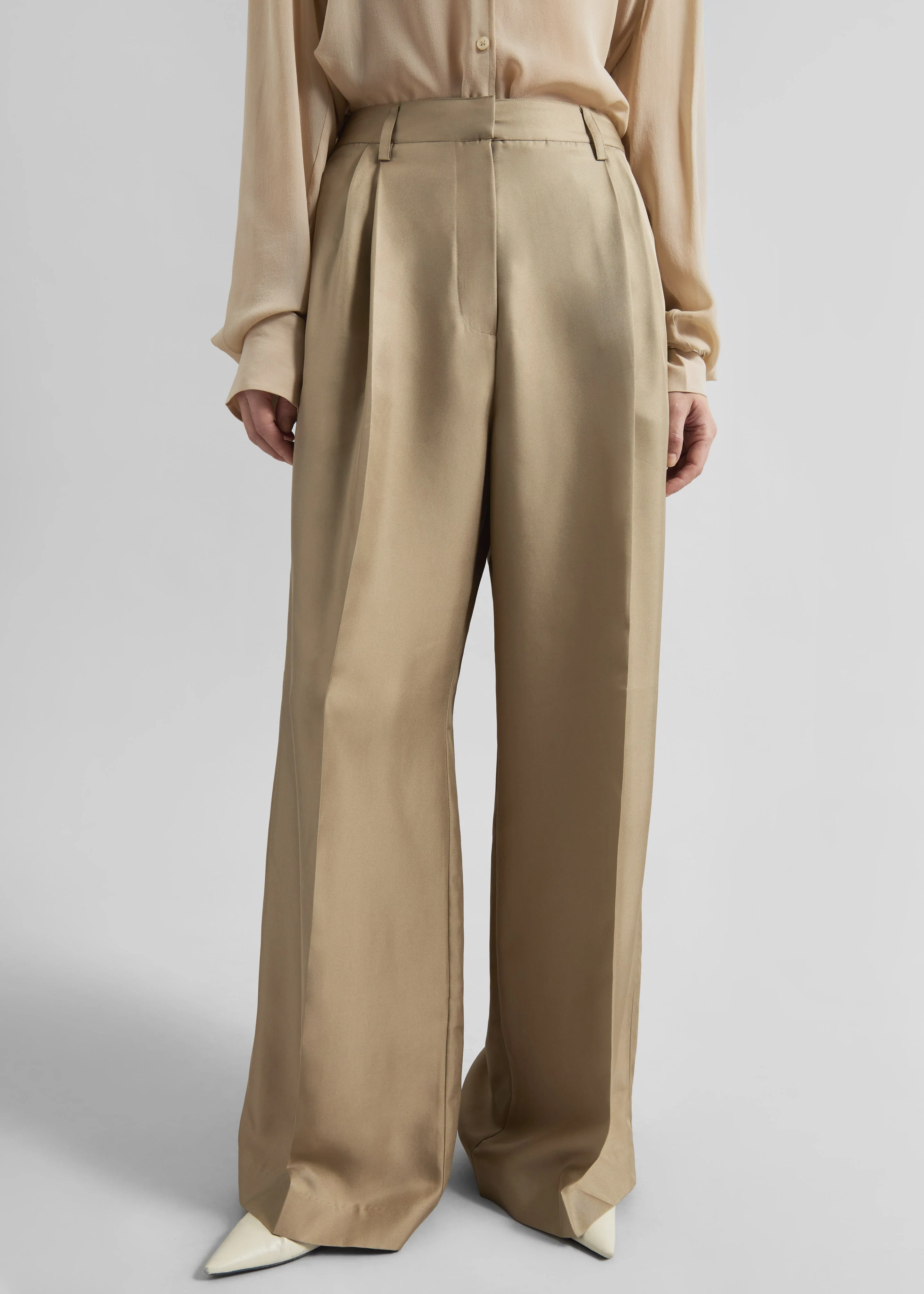 Marfa Pleated Silk Trousers - Beige - 1