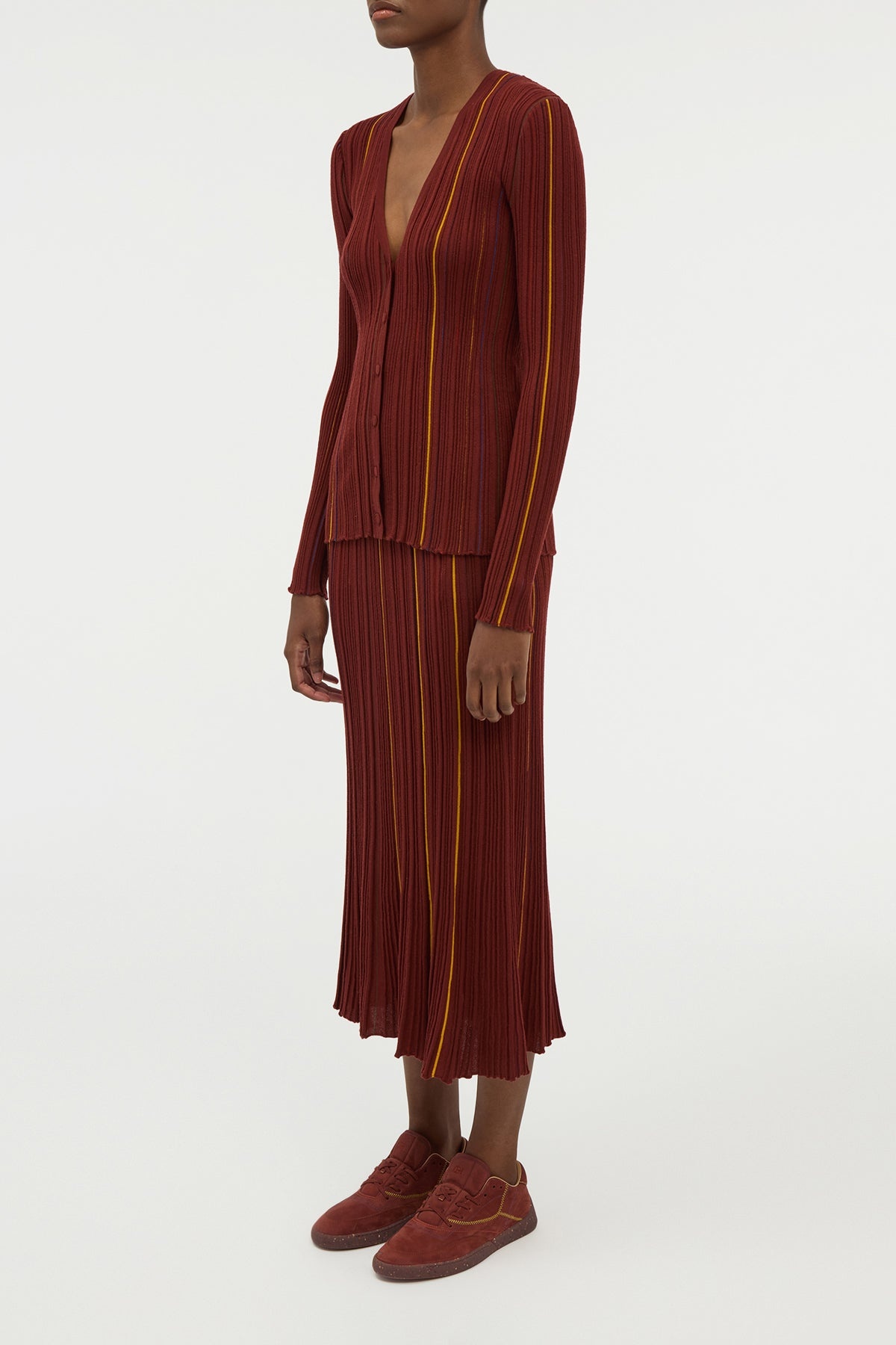 Barth Pinstripe Knit Cardigan in Burnt Sienna Merino Wool - 3