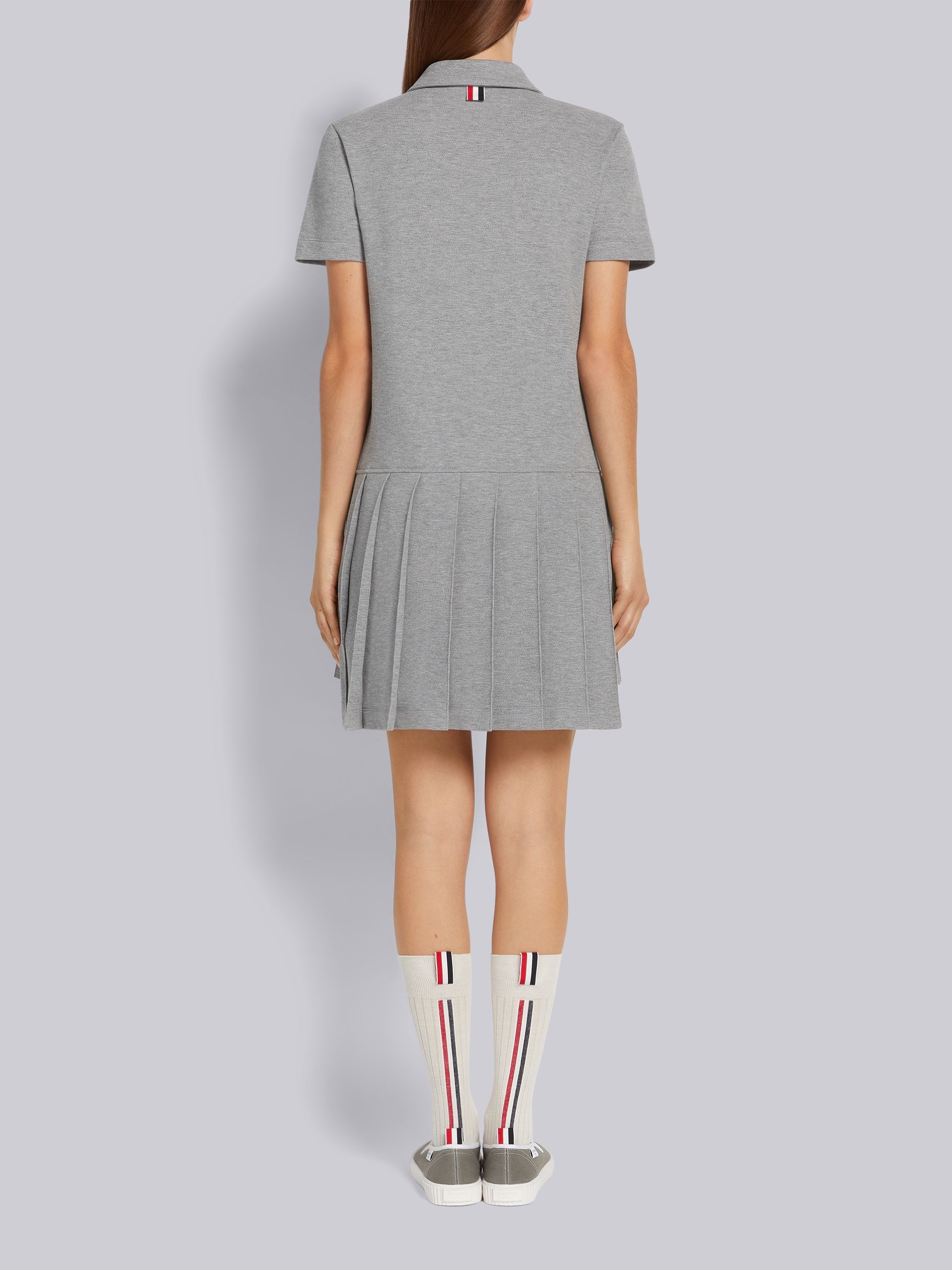 Light Grey Classic Pique Short Sleeve Knee Length Pleated Polo Dress - 3