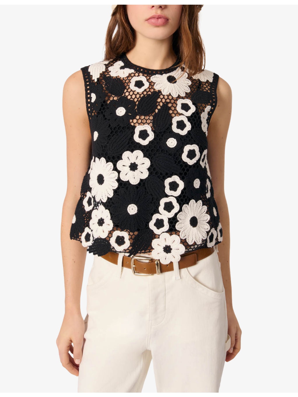 Floral-Pattern Sleeveless Cotton-Crochet Top - 3