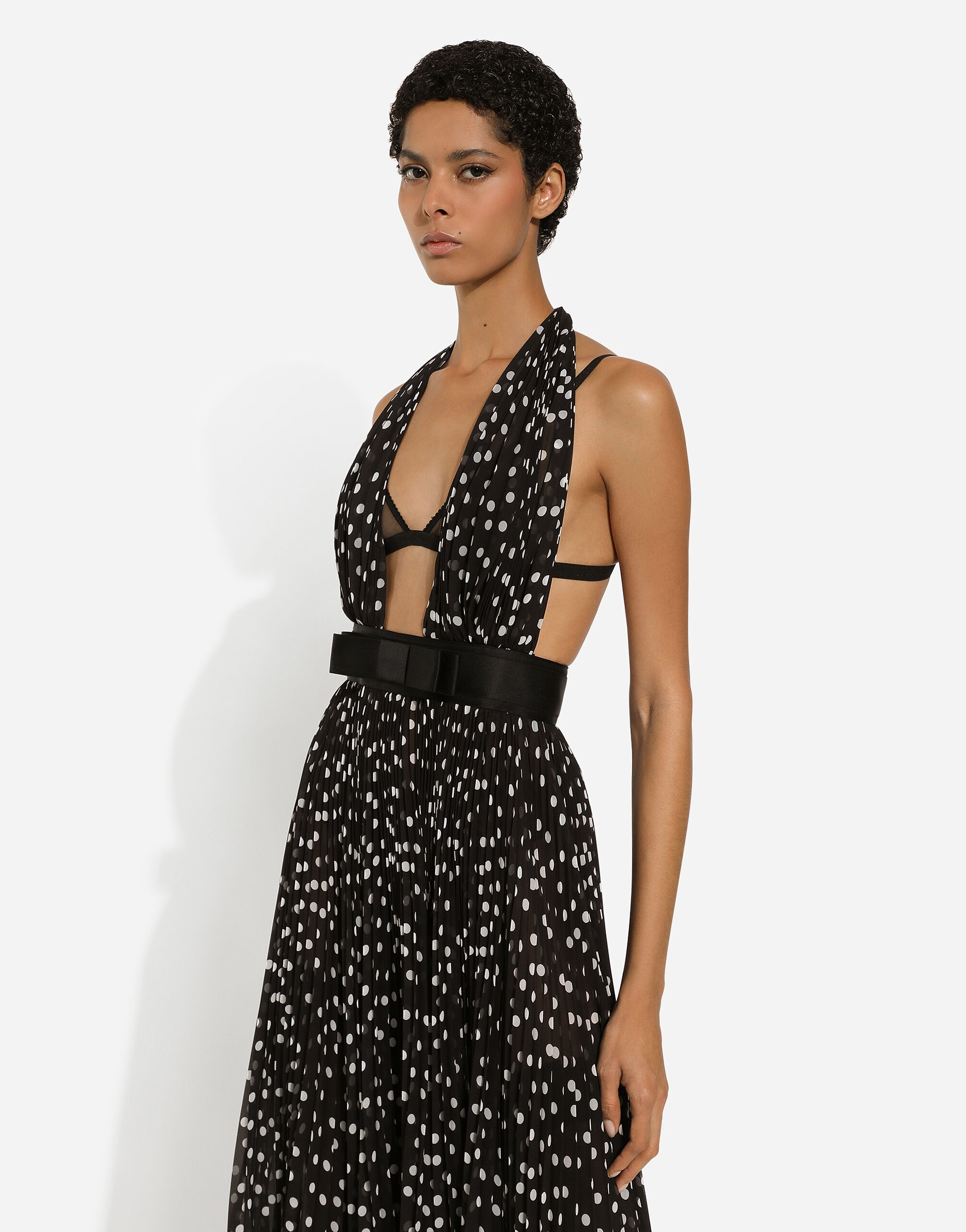 Chiffon calf-length dress with plunging neckline and polka-dot print - 5