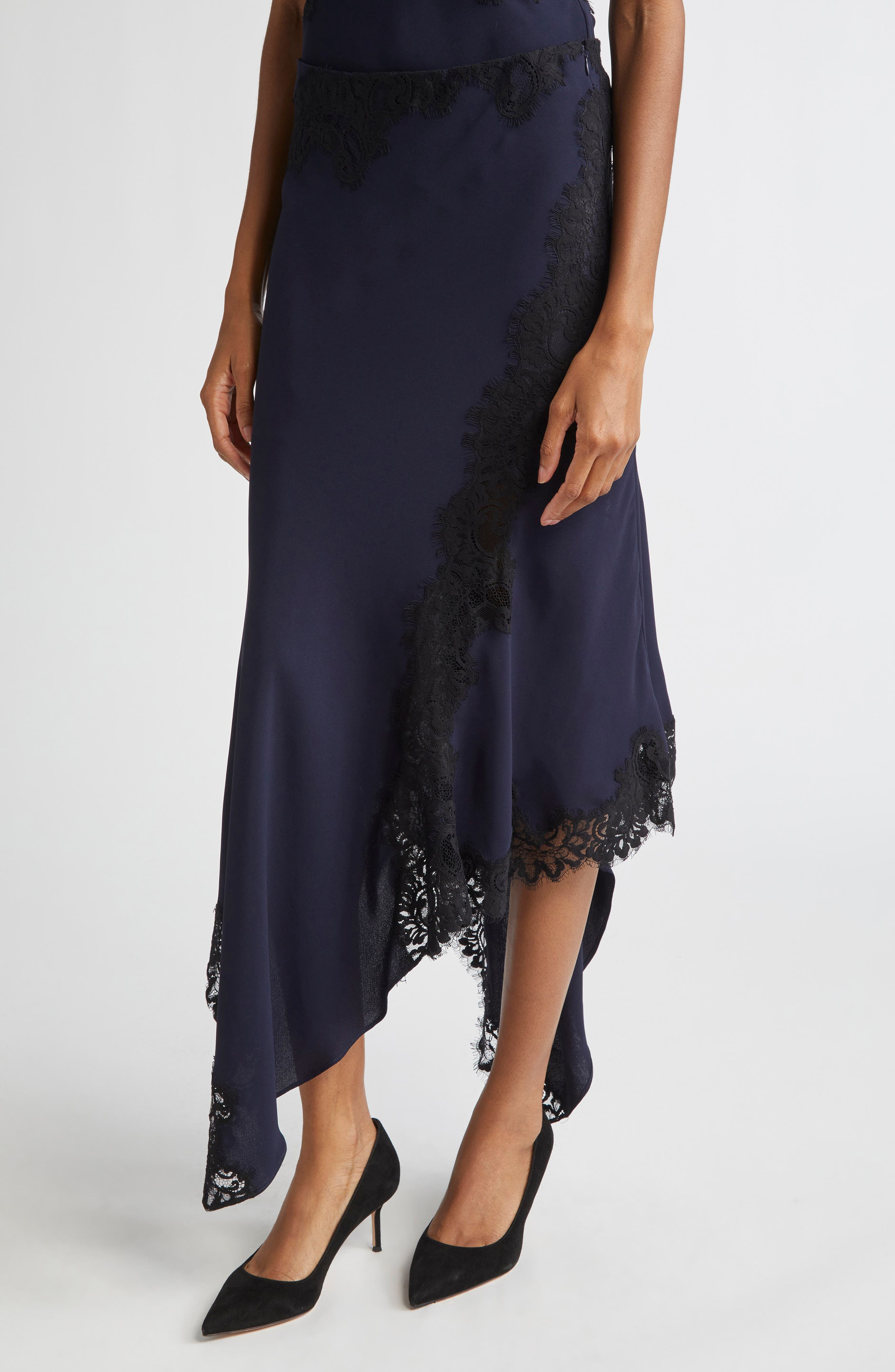 Veronica Beard Hartley Lace Detail Asymmetric Slip Skirt in Navy at Nordstrom - 5