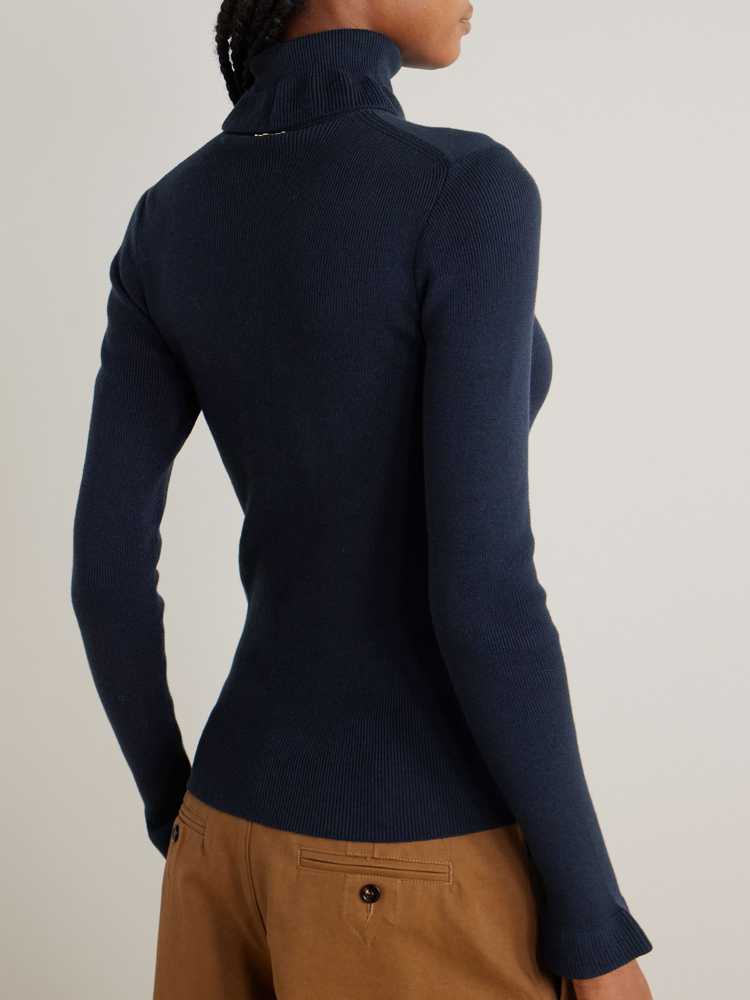 Logo-detailed ribbed cotton and wool-blend turtleneck sweater Navy - 4