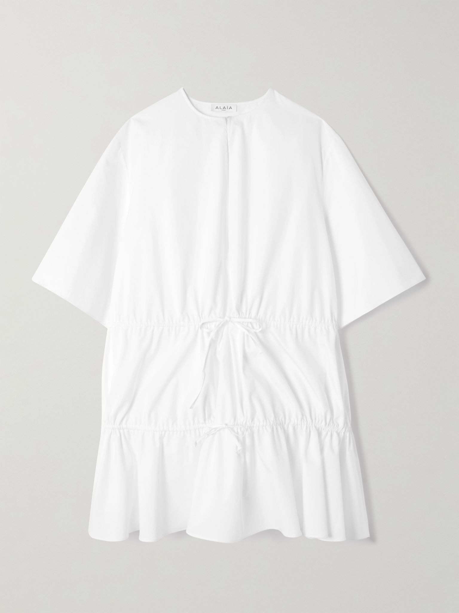 Gathered cotton-poplin mini dress White - 1