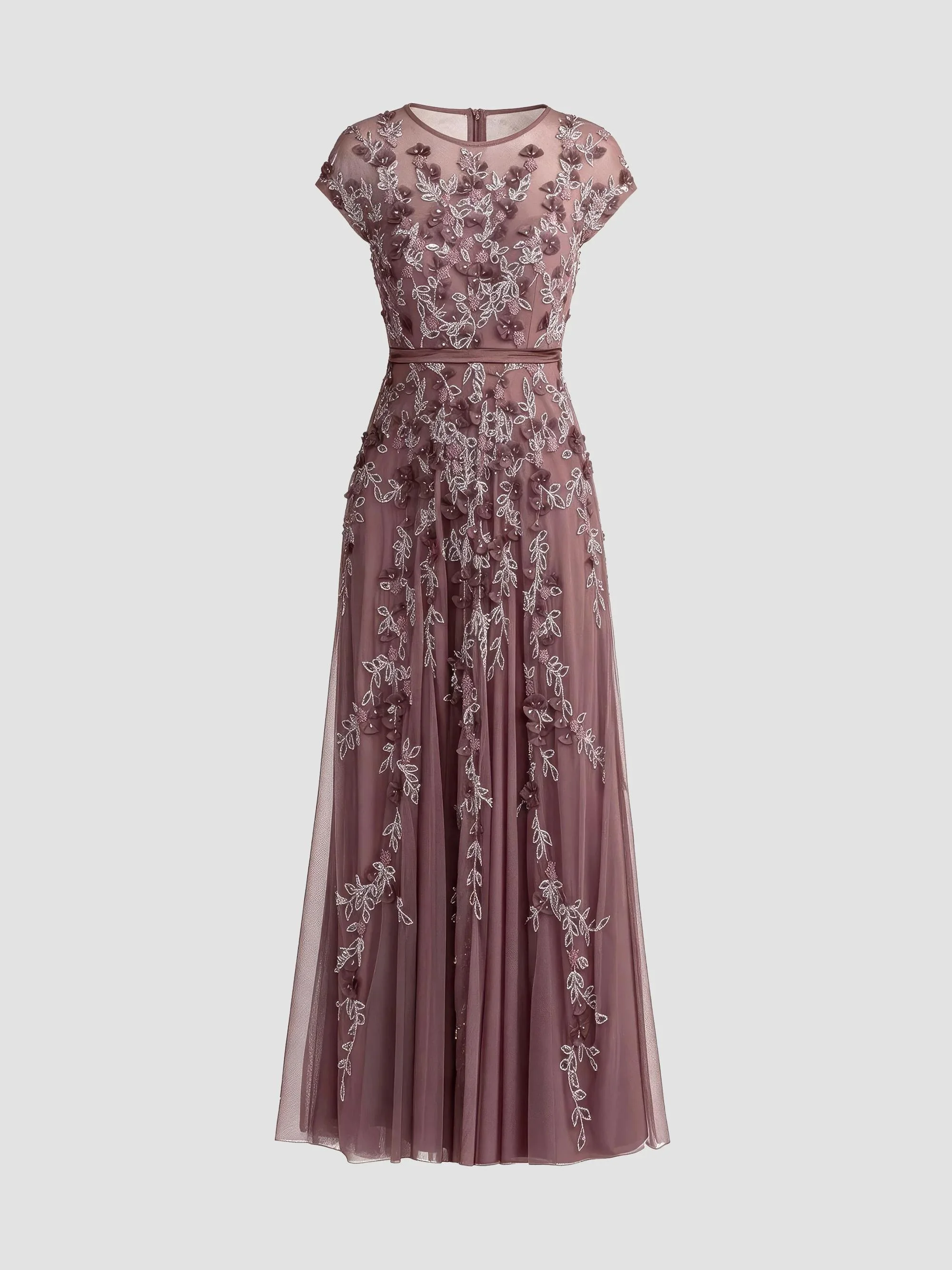 Women's Evening Floral-Embroidered Mesh Gown - Heather - 1
