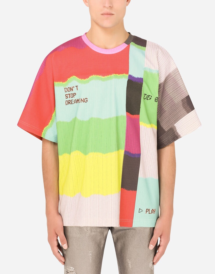 Technical jersey T-shirt with multi-colored glitch print - 1