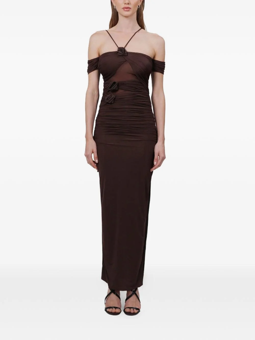 ruched floral-detail midi dress - 1