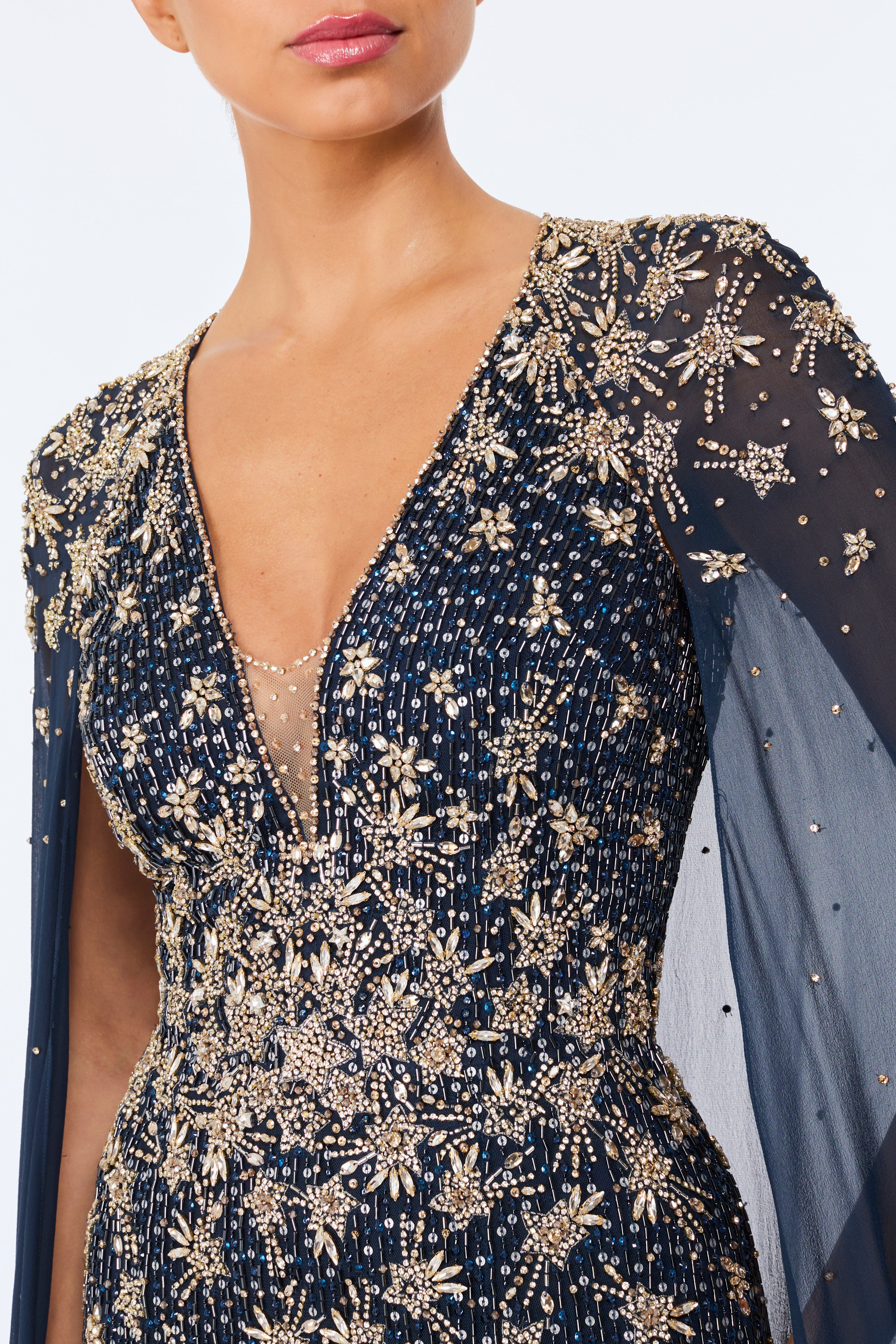Jenny Packham Moonlight star-embellished cape-design maxi dress in Blackthorne Blue at Nordstrom - 4