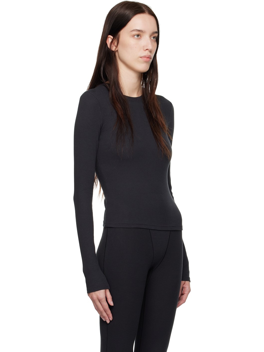 Black Cotton Rib Long Sleeve T-shirt - 2
