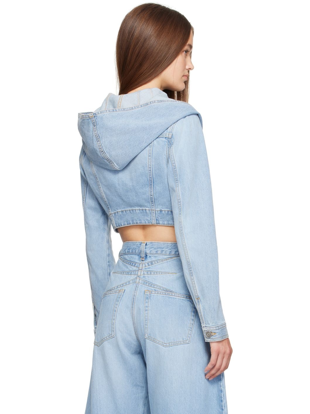 Blue Hooded Cropped Denim Jacket - 3