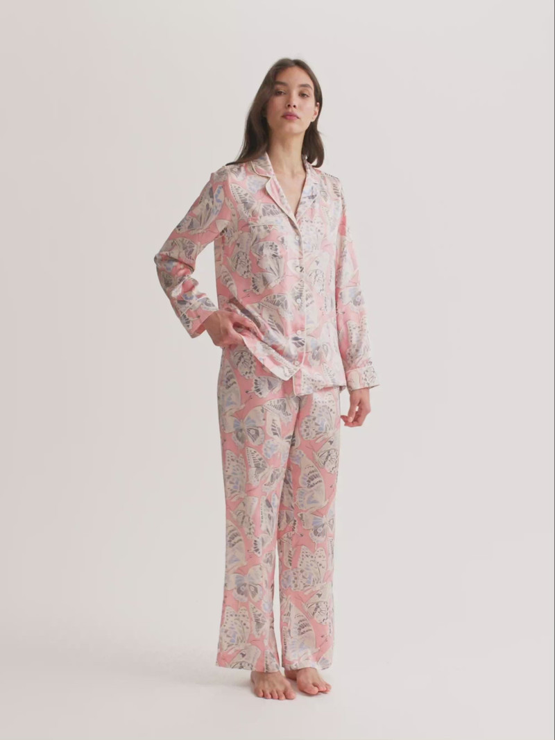 Women's Silk Pajamas Pink Multicolor Butterfly Print 1