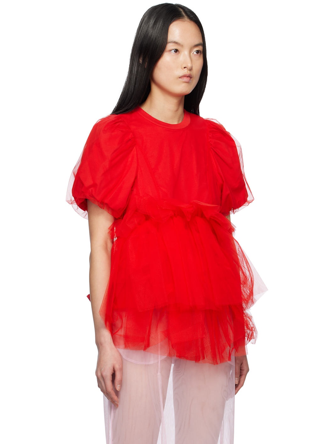 Red Tulle Overlay Puff Sleeve Tutu Hem T-shirt - 2